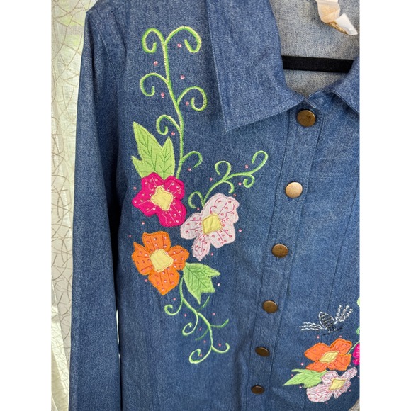 Vintage Y2K Tapestry‎ Patch Denim Jacket – Floral & Bee Embroidery – Women's L - Picture 4 of 7